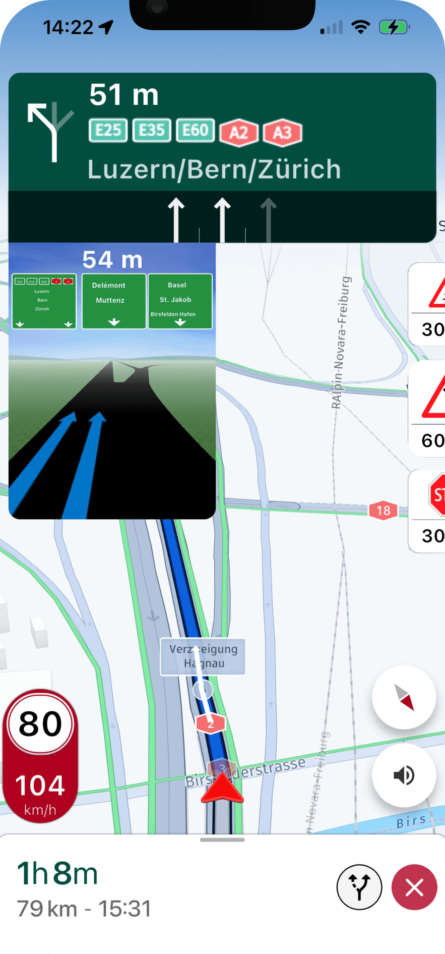 Navitruck lane guidance on a Swiss motorway with junction view and upcoming alerts