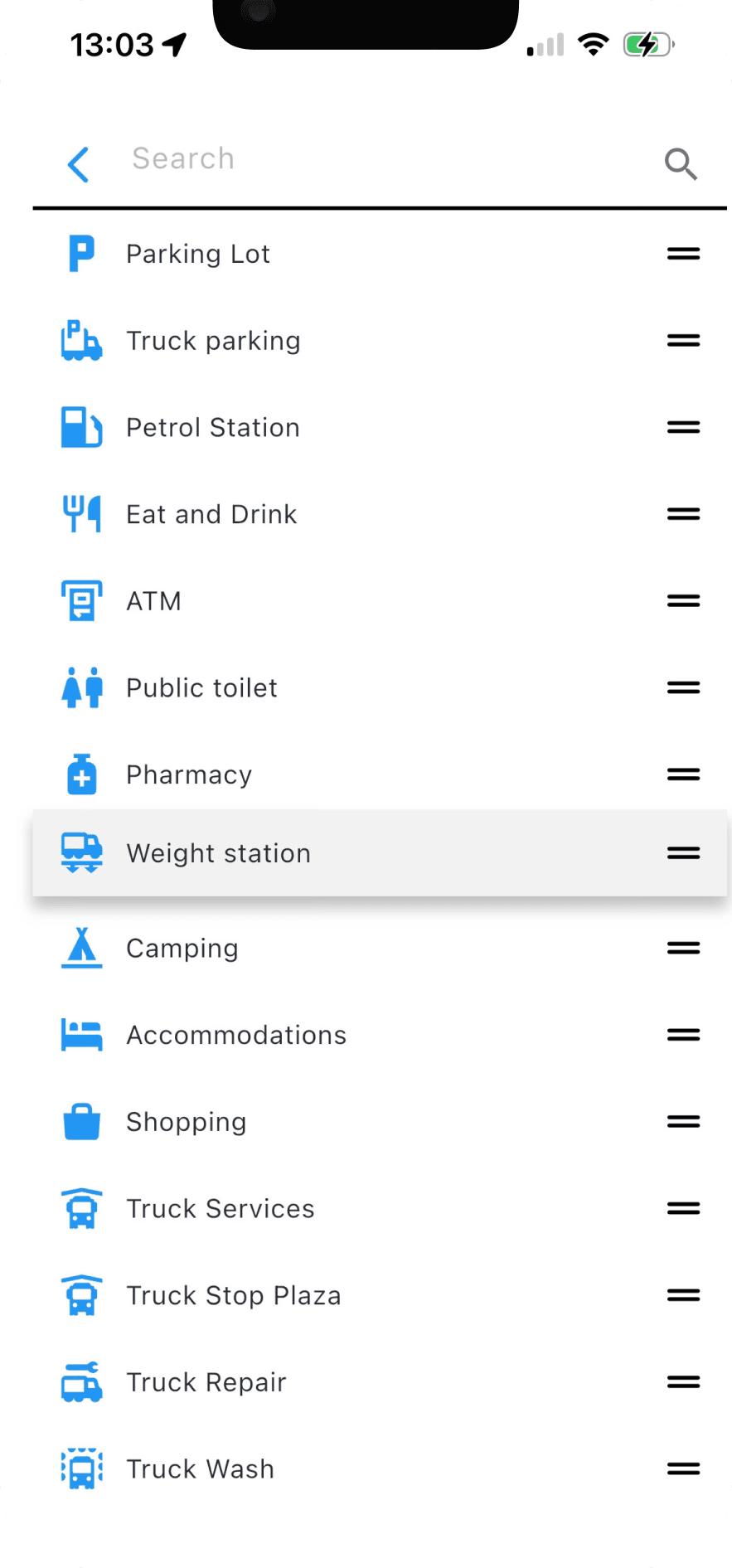 Navitruck showing points of interest for large vehicles on the map