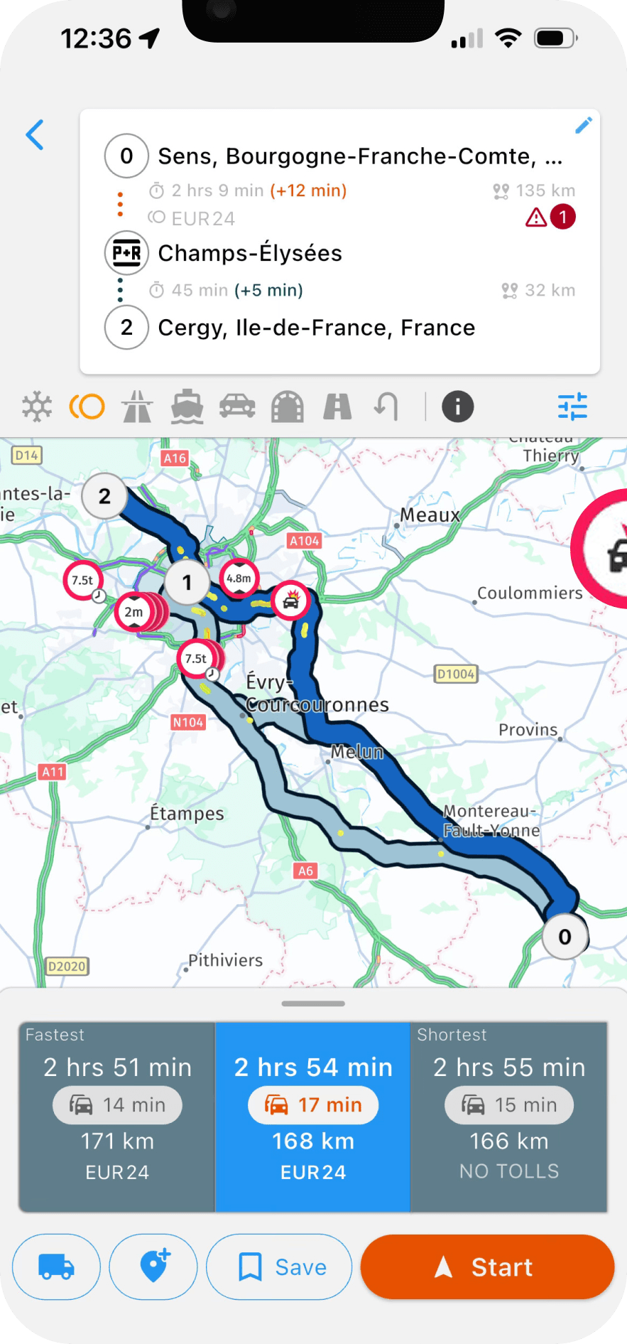 Navitruck truck GPS app showing a truck-safe route with lane guidance