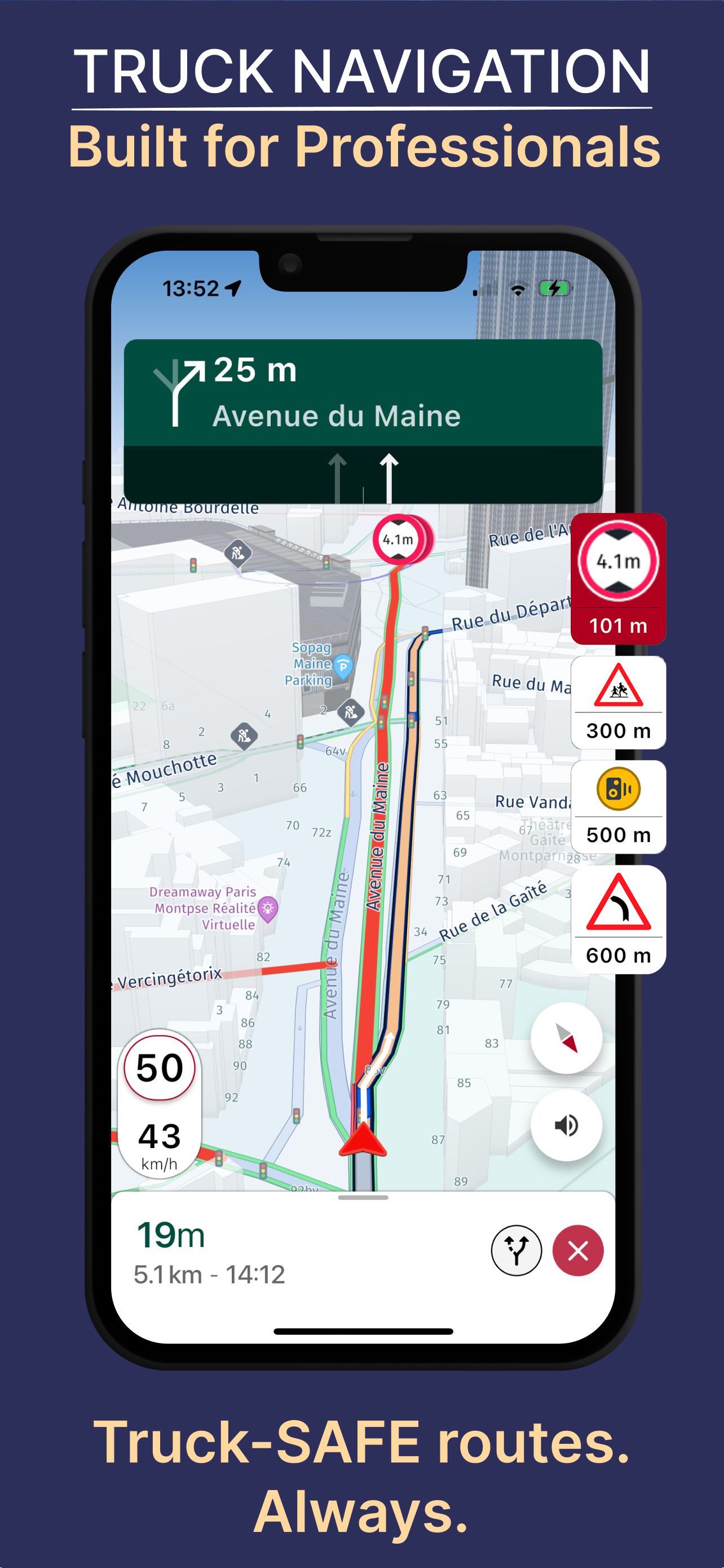 NaviTruck navigation app showing truck-safe route on 3D map