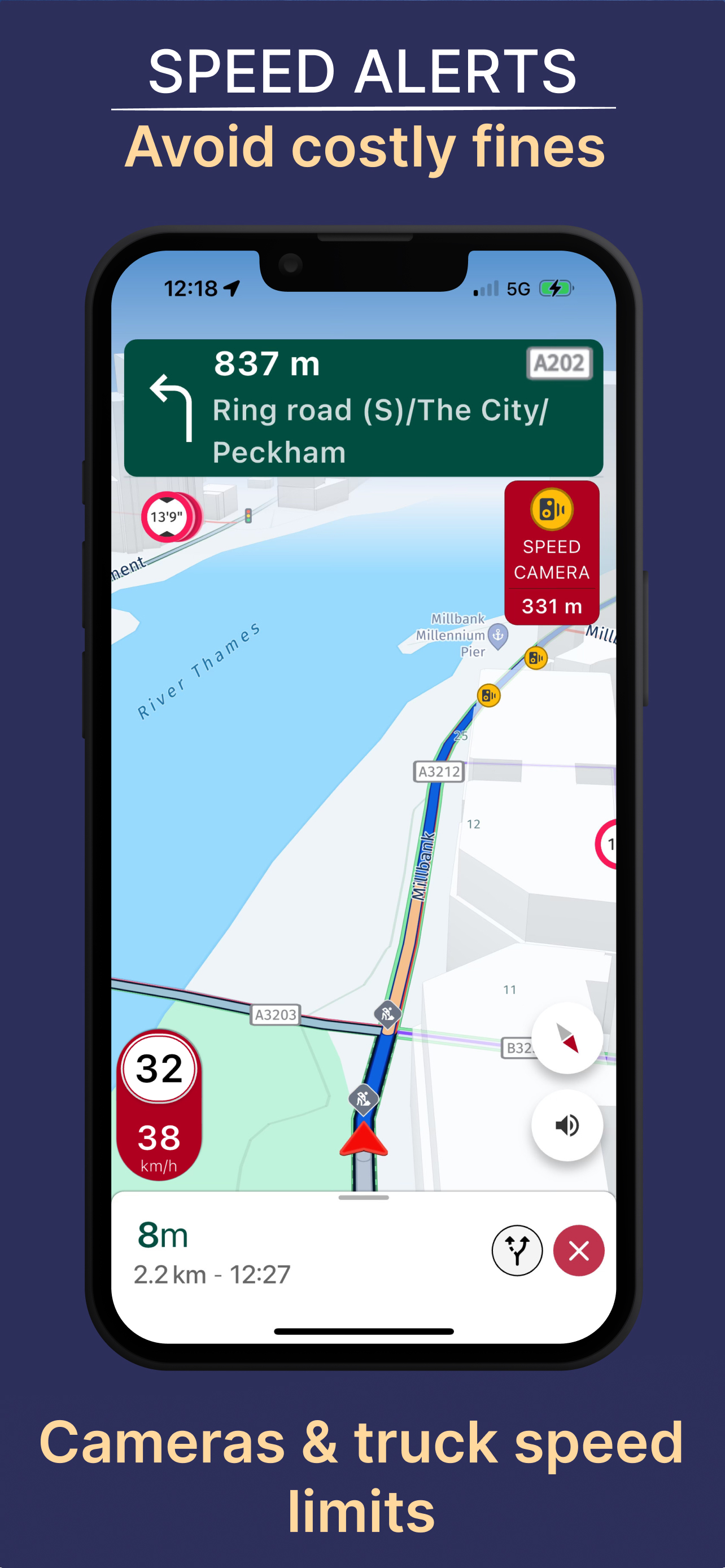 NaviTruck speed alert showing camera ahead warning and current truck speed